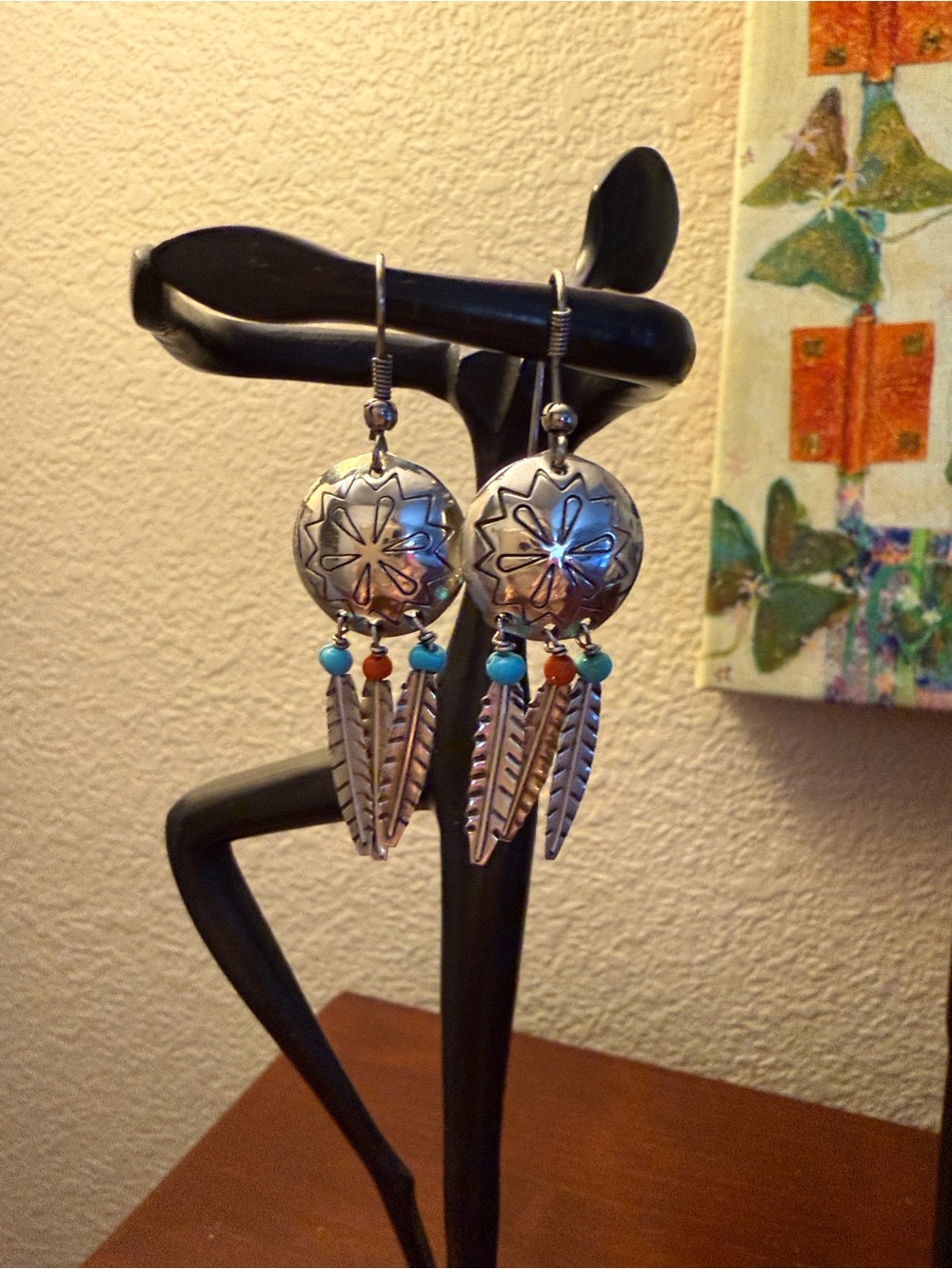 Vintage Sterling Silver Feather Dangle Earrings with Turquoise & Coral Bead